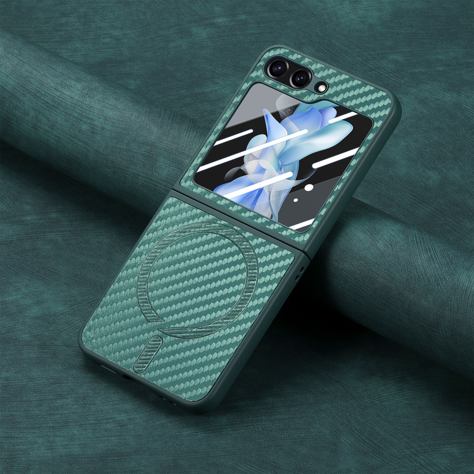 TechGlobe compatibile con Samsung ZFlip6 con motivo in fibra di carbonio, pellicola di ricarica wireless magnetica per telefono integrata, custodia ZFlip5 in scatola_voghion.com