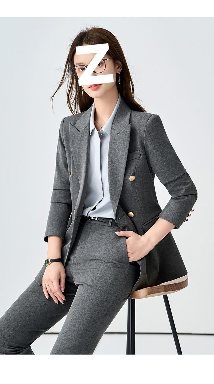 girl Girl Gray Set For Women, Double-Breasted, Petite Formal Wear, College Student Exam Interview Professional Suit_voghion.com