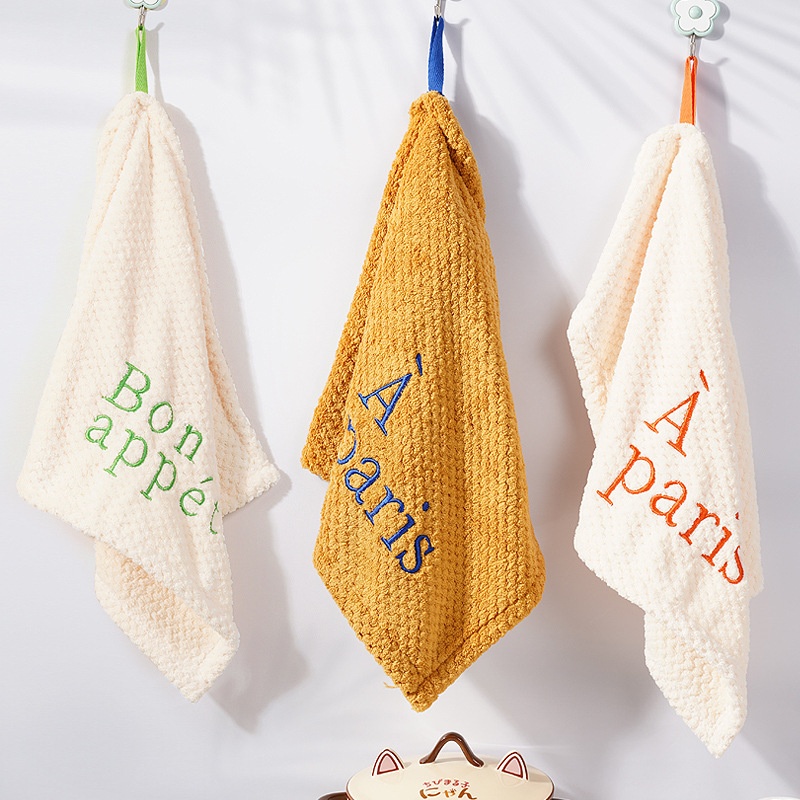 Lillian Nordic Simple Hanging Hand With Letter Embroidery Coral Fleece Absorbent Cloth For Small Children Towel_voghion.com