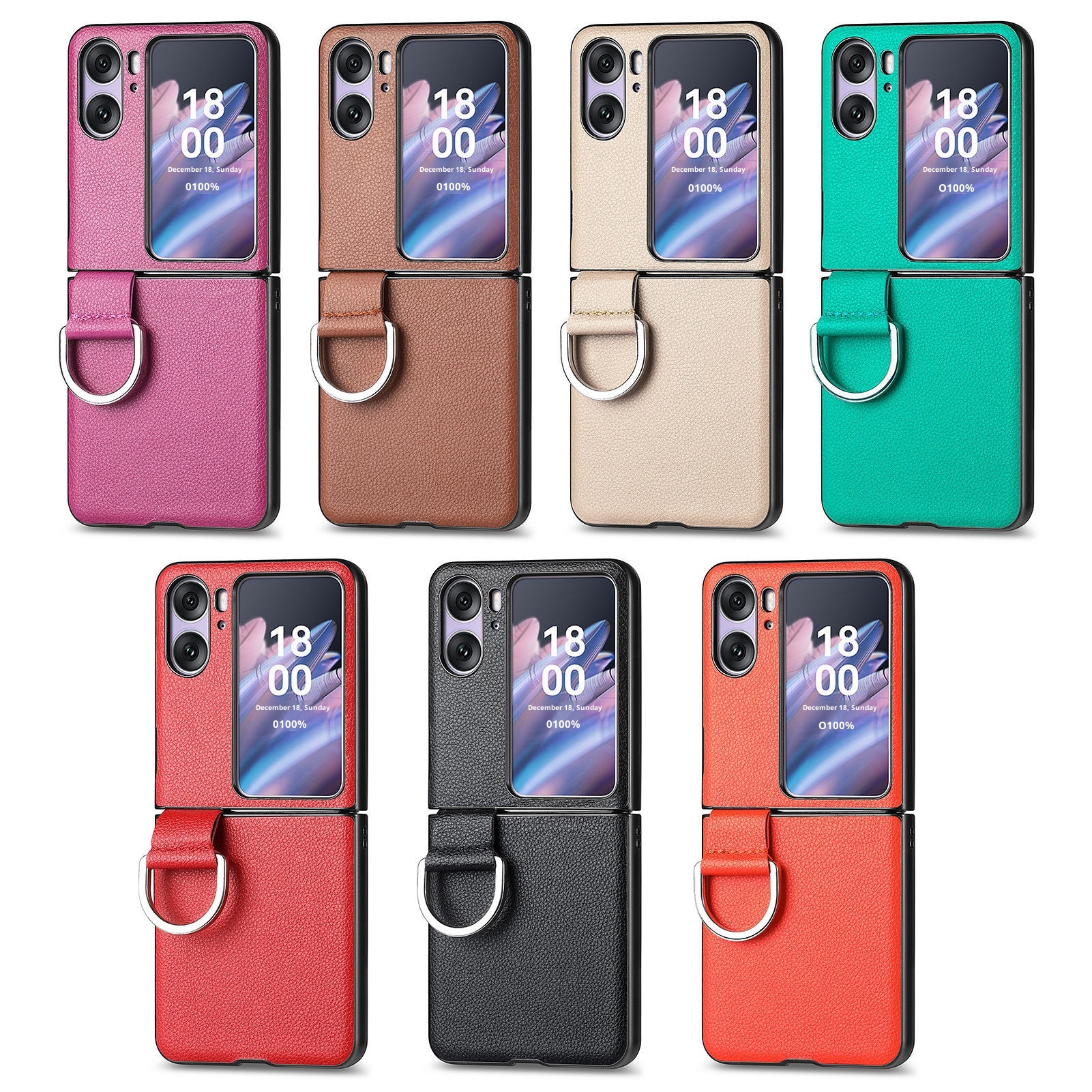 TechGlobe Compatibel met Oppo Find N3 Flip-telefoonhoesje Lychee-patroon Effen kleur Leren ringhouder Omhoog en omlaag vouwbaar scherm_voghion.com