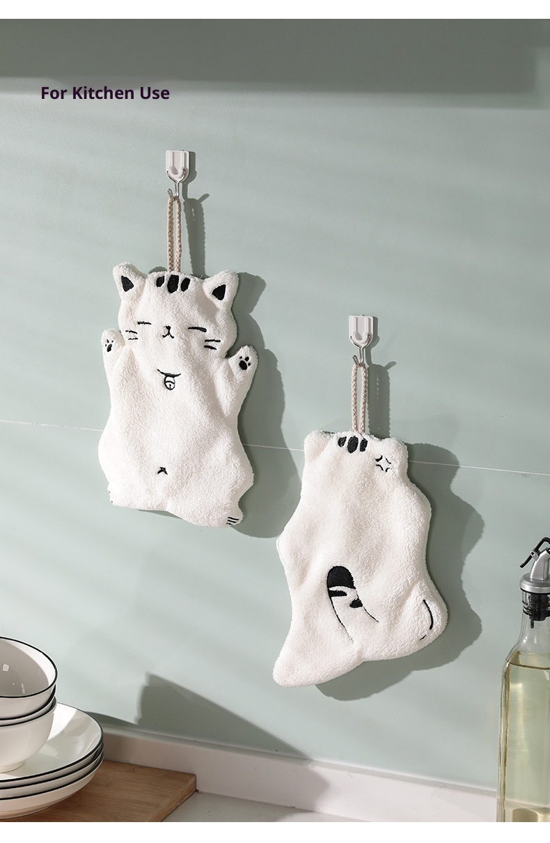 Lillian Big Face Kitchen Hanging Coral Fleece Thickened Cat Hand Children's Cute Absorbent Quick-Dry Towel_voghion.com