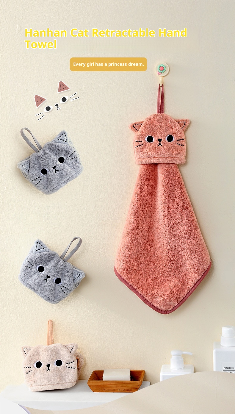 Lillian Korallenvlies Niedliches Katzen-Stickerei Hand Hängendes Saugfähiges Küchen-Badezimmer-Doppelverwendungs-Quadrathandtuch Großhandel_voghion.com