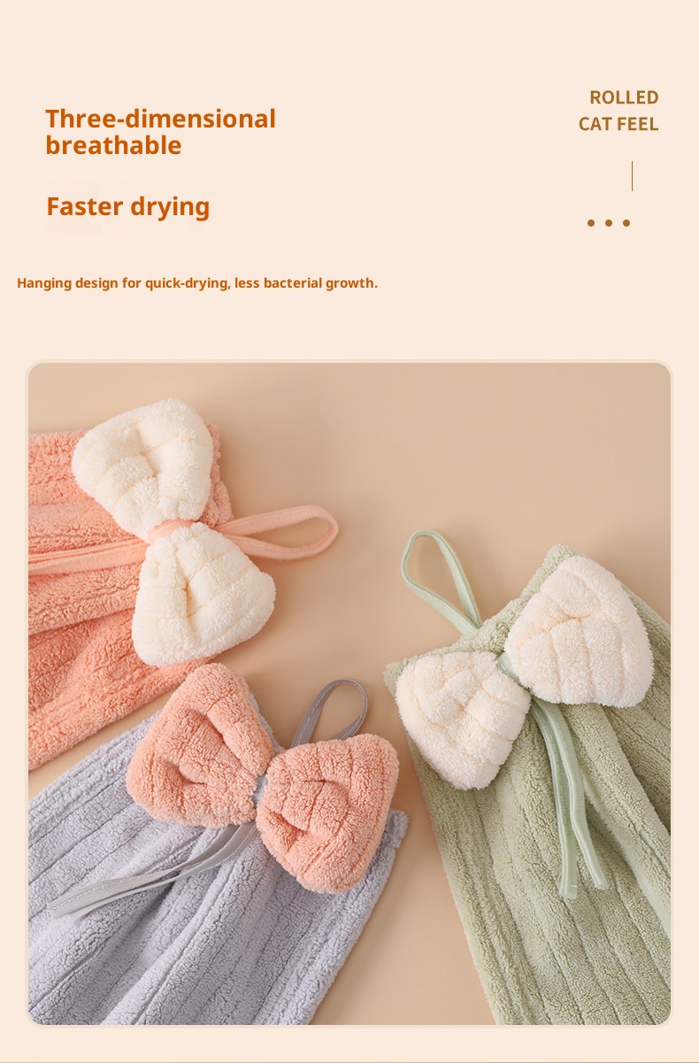 Lillian Hanging Cute Cartoon Bowknot Absorbent Towel Coral Fleece Bathroom Kitchen Hand Cloth_voghion.com