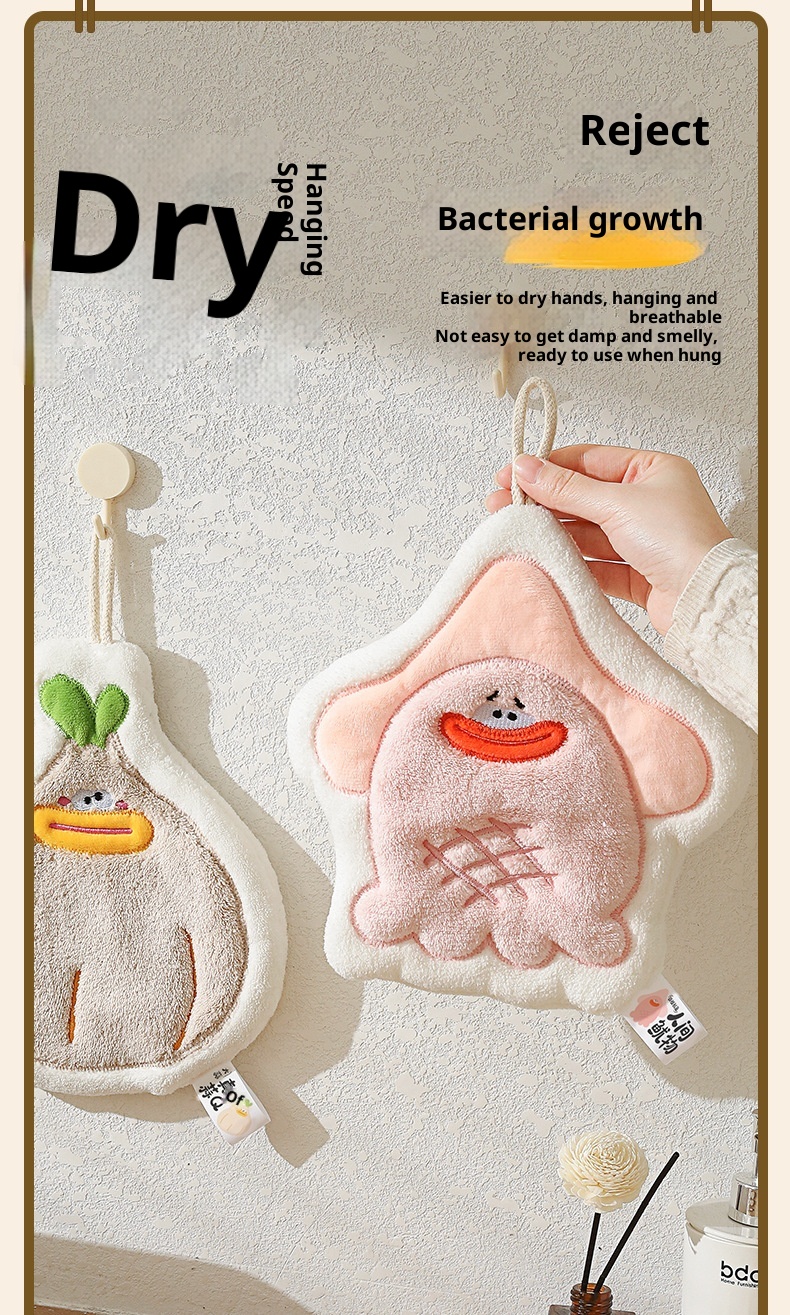 Lillian Cute Cartoon Hanging Three-Layer Thickened Coral Fleece Kitchen Bathroom Quick-Dry Hand Towel Handkerchief_voghion.com
