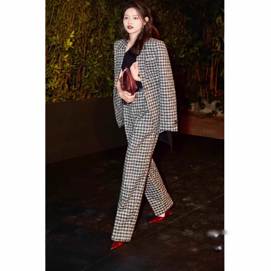 girl Girl Celebrity Style Retro Black And White Plaid Blazer Women's Autumn Fashion Suit Socialite Professional High-end Two-piece_voghion.com