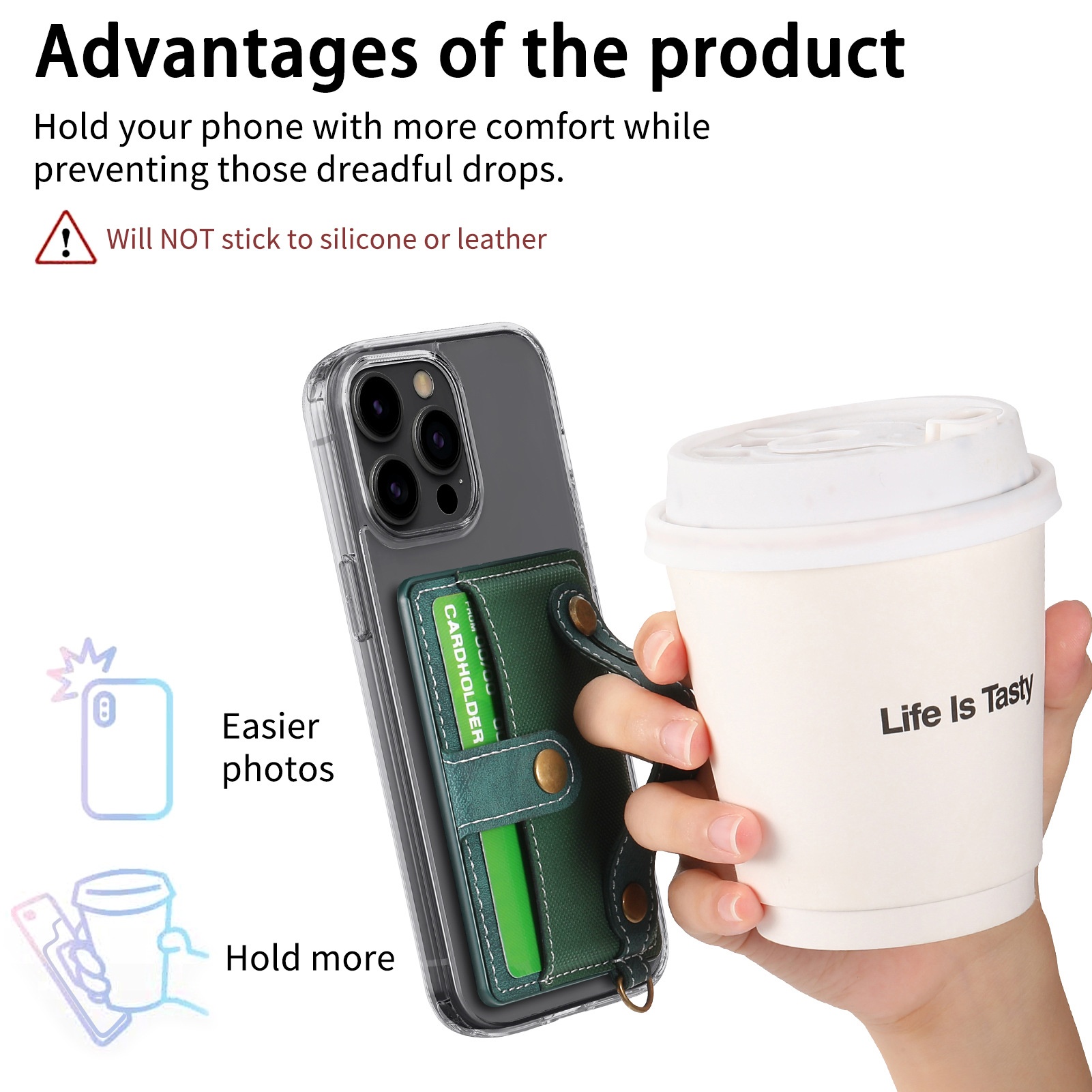 TechGlobe Multifunktionale Halterung mit 3M-Kleberückseite, Handgelenkschlaufe, Kartenfach, Münzclip, Ständer, Handytasche aus PU-Leder_voghion.com