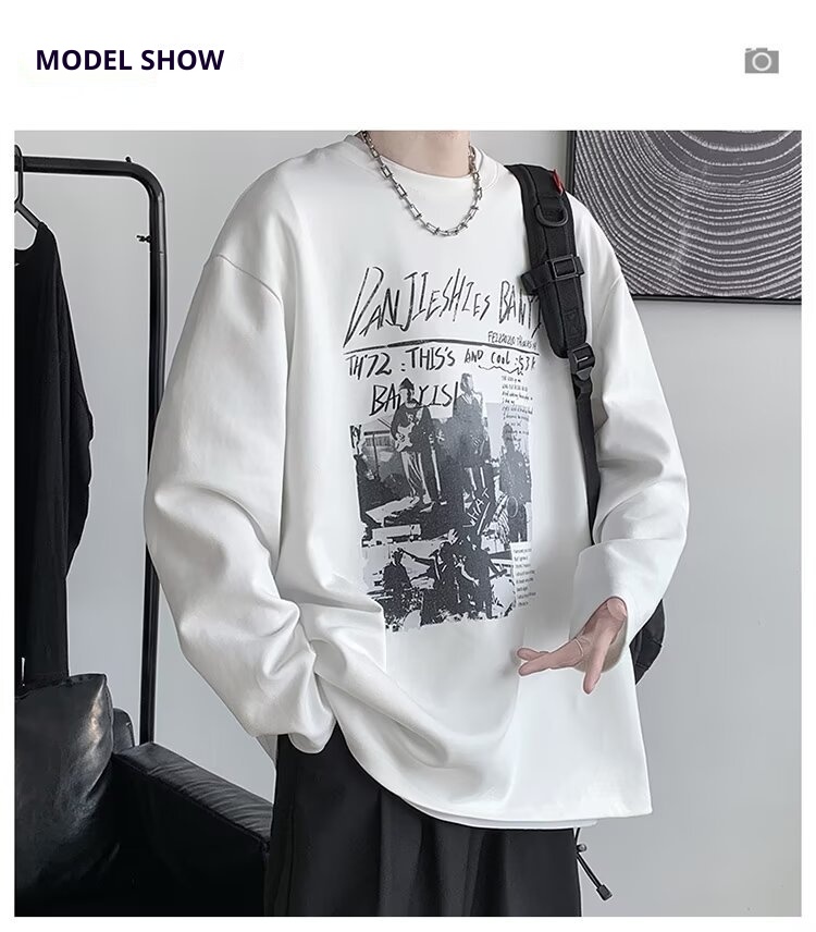 QFV507045555501<2 Maglietta a maniche lunghe da uomo European Street, maglietta interna retrò americana, base larga pesante primaverile e autunnale_voghion.com