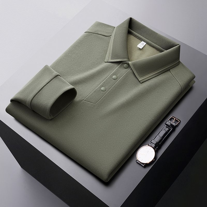 Polohemd für Herren aus Maulbeerseide und Wolle, langärmlig, schlicht, einfarbig, mit Umlegekragen_voghion.com