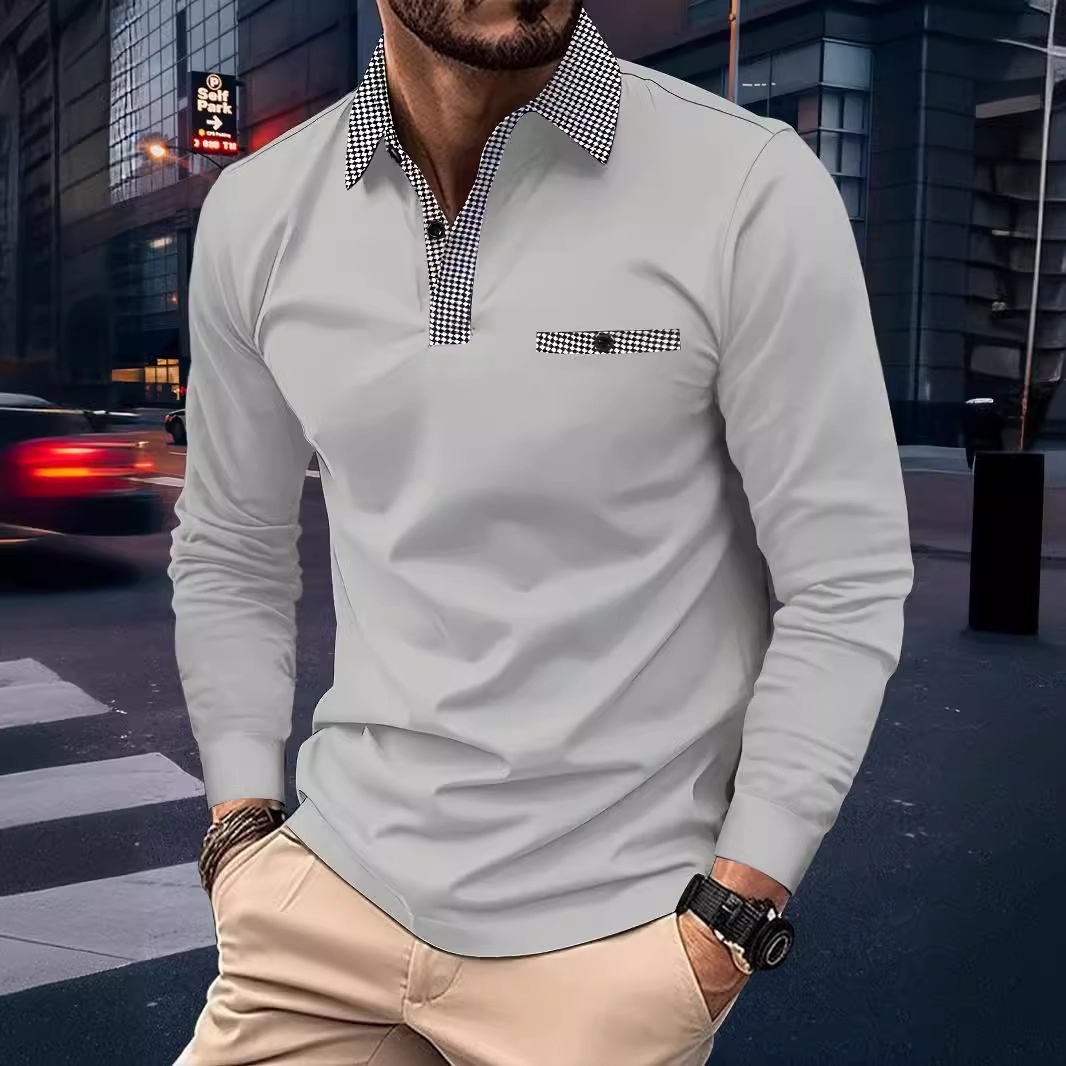 boy Boy Houndstooth Casual Golf Polo Shirt European And American Men's Summer Thin Solid Color Long Sleeve_voghion.com