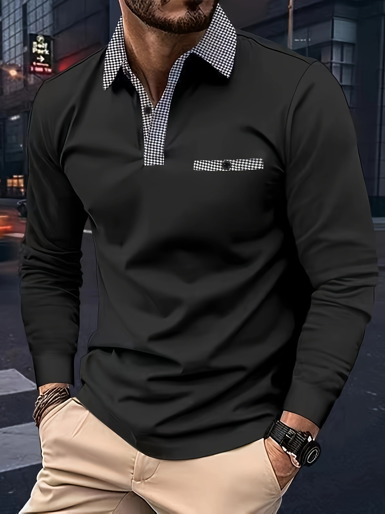 boy Boy Houndstooth Casual Golf Polo Shirt European And American Men's Summer Thin Solid Color Long Sleeve_voghion.com