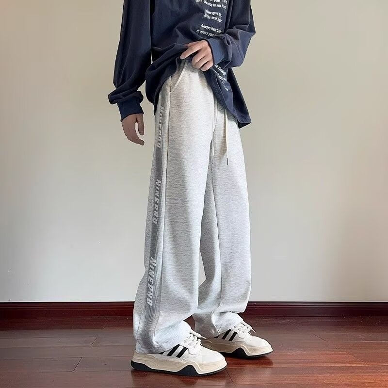 boy American Style Gray Men's Simple Sweatpants 2025 New Cotton Casual Pants Loose Straight-Leg Sports Trousers_voghion.com