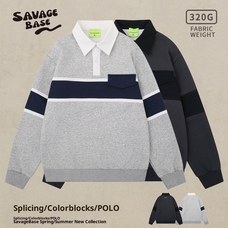 Sweat-shirt Boy Wild Base style rétro japonais, patchwork color block, col rabattu, manches longues, coupe ample, automne-hiver, style décontracté._voghion.com