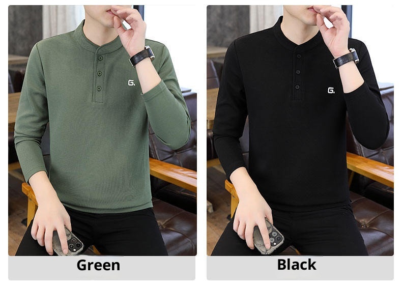 QFV507045555501<2 Data Style Maglietta a maniche lunghe da uomo con colletto cubano, tre bottoni e perline, autunno 2024, nuovo strato di base_voghion.com