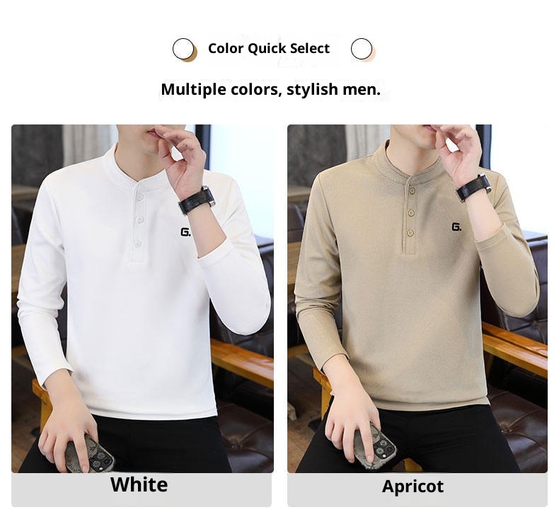 QFV507045555501<2 Data Style Maglietta a maniche lunghe da uomo con colletto cubano, tre bottoni e perline, autunno 2024, nuovo strato di base_voghion.com