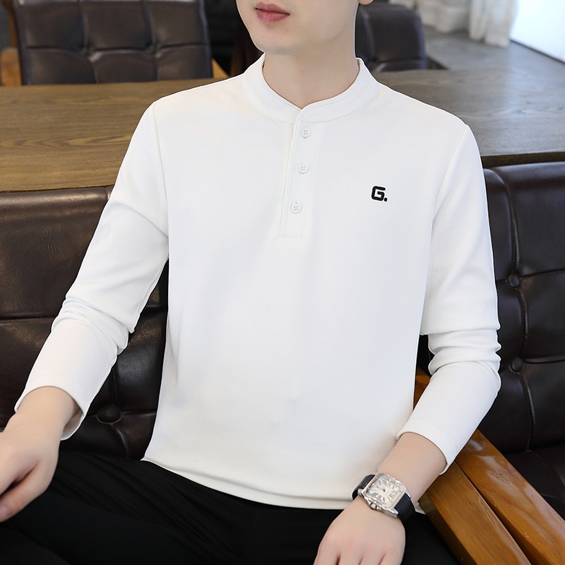 QFV507045555501<2 Data Style Maglietta a maniche lunghe da uomo con colletto cubano, tre bottoni e perline, autunno 2024, nuovo strato di base_voghion.com