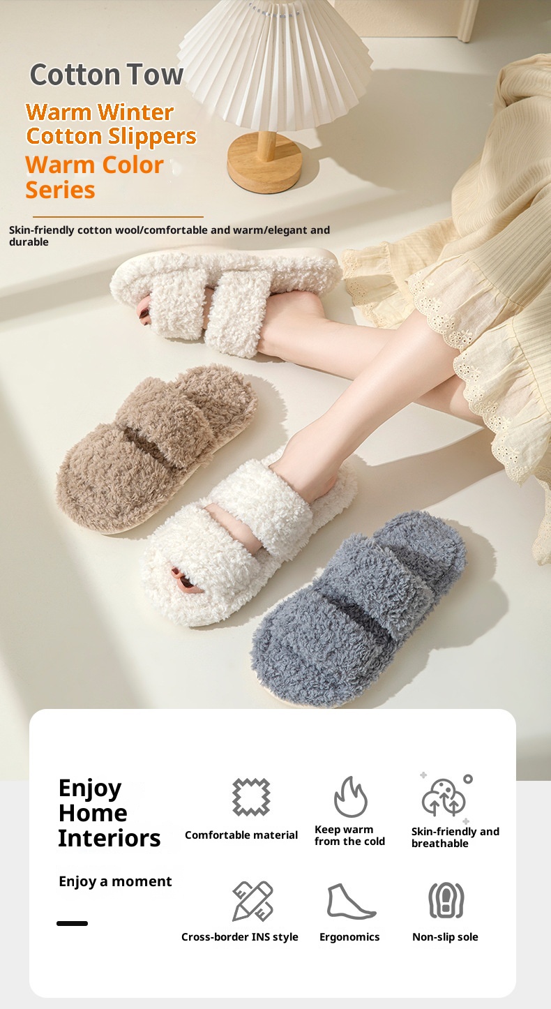 Pantoufles d'intérieur Zees Cross-Border INS à double barre en coton peluche pour femmes, bout ouvert, vente en gros_voghion.com