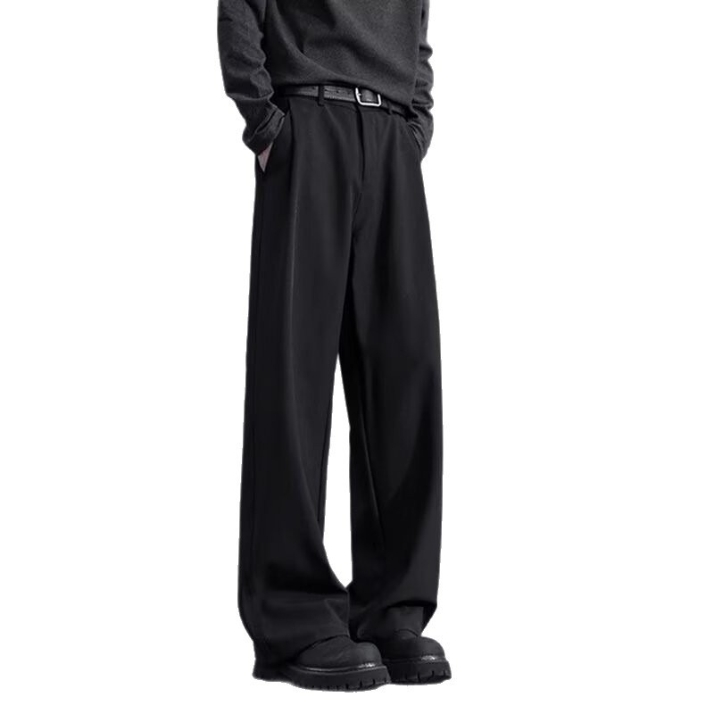 jongen Zwarte rechte losse jurk voor heren met gedrapeerd effect Zomer ijs zijde casual Amerikaanse stijl hoge taille pak broek_voghion.com