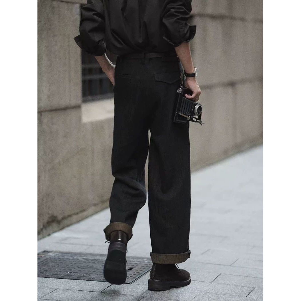boy Boy Autumn Winter Vintage Jeans Straight Long Black Tea Color Simple Commuting Business Casual Pants Men's In Stock_voghion.com