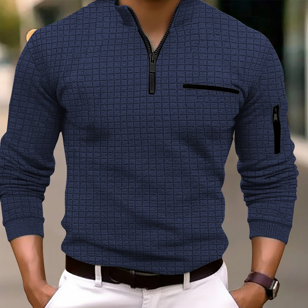 Polo de sport à carreaux pour homme, style cross-frontière, printemps et automne, avec fermeture éclair aux manches_voghion.com
