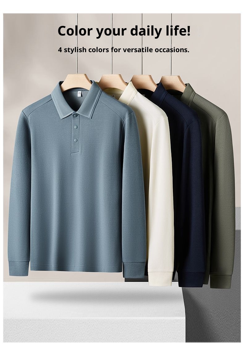 Polohemd für Herren aus Maulbeerseide und Wolle, langärmlig, schlicht, einfarbig, mit Umlegekragen_voghion.com