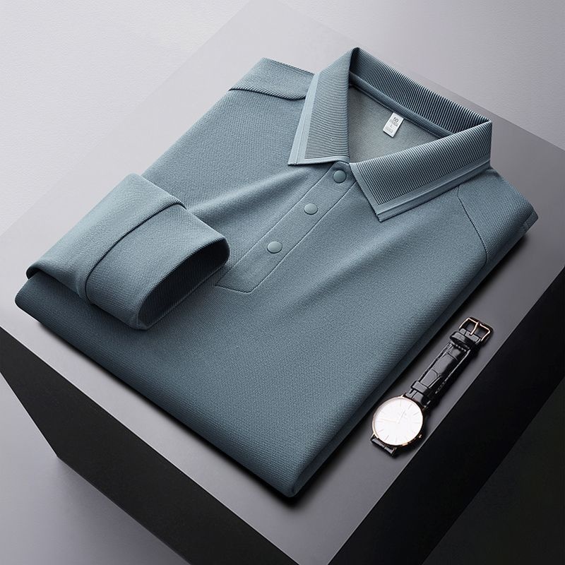 Polohemd für Herren aus Maulbeerseide und Wolle, langärmlig, schlicht, einfarbig, mit Umlegekragen_voghion.com