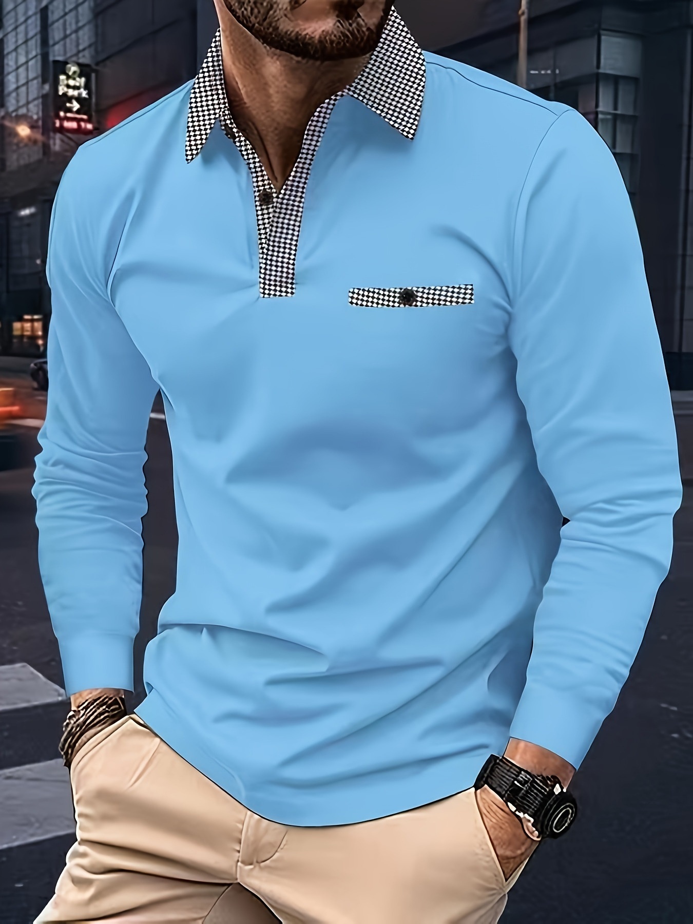boy Boy Houndstooth Casual Golf Polo Shirt European And American Men's Summer Thin Solid Color Long Sleeve_voghion.com
