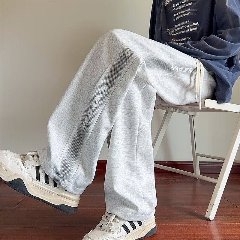 boy American Style Gray Men's Simple Sweatpants 2025 New Cotton Casual Pants Loose Straight-Leg Sports Trousers_voghion.com