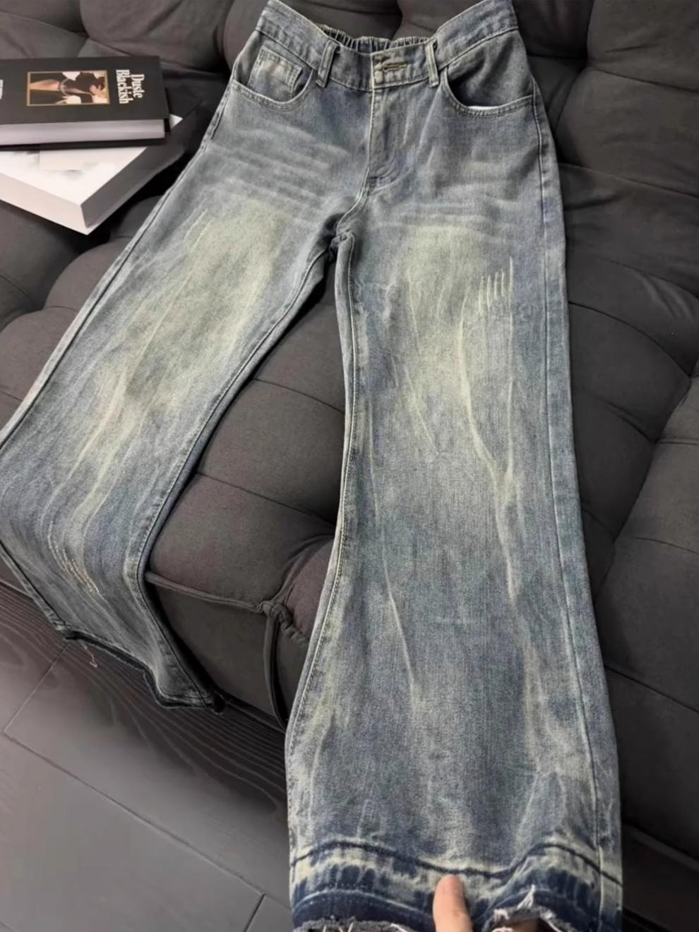 boy Boy American Retro Cat Scratch Jeans For Men, Summer Thin Cleanfit Slim Pants, High Street Flared Straight Long Pants_voghion.com