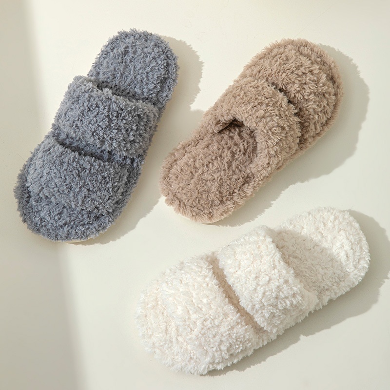 Pantoufles d'intérieur Zees Cross-Border INS à double barre en coton peluche pour femmes, bout ouvert, vente en gros_voghion.com