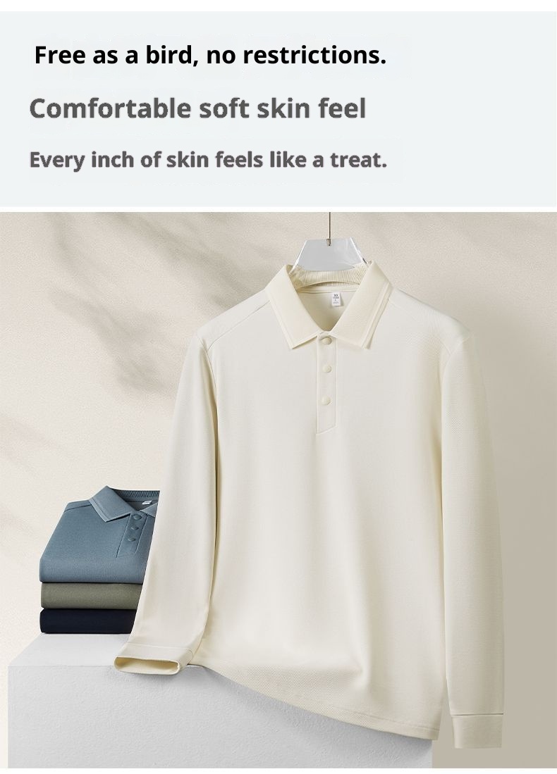 Polohemd für Herren aus Maulbeerseide und Wolle, langärmlig, schlicht, einfarbig, mit Umlegekragen_voghion.com