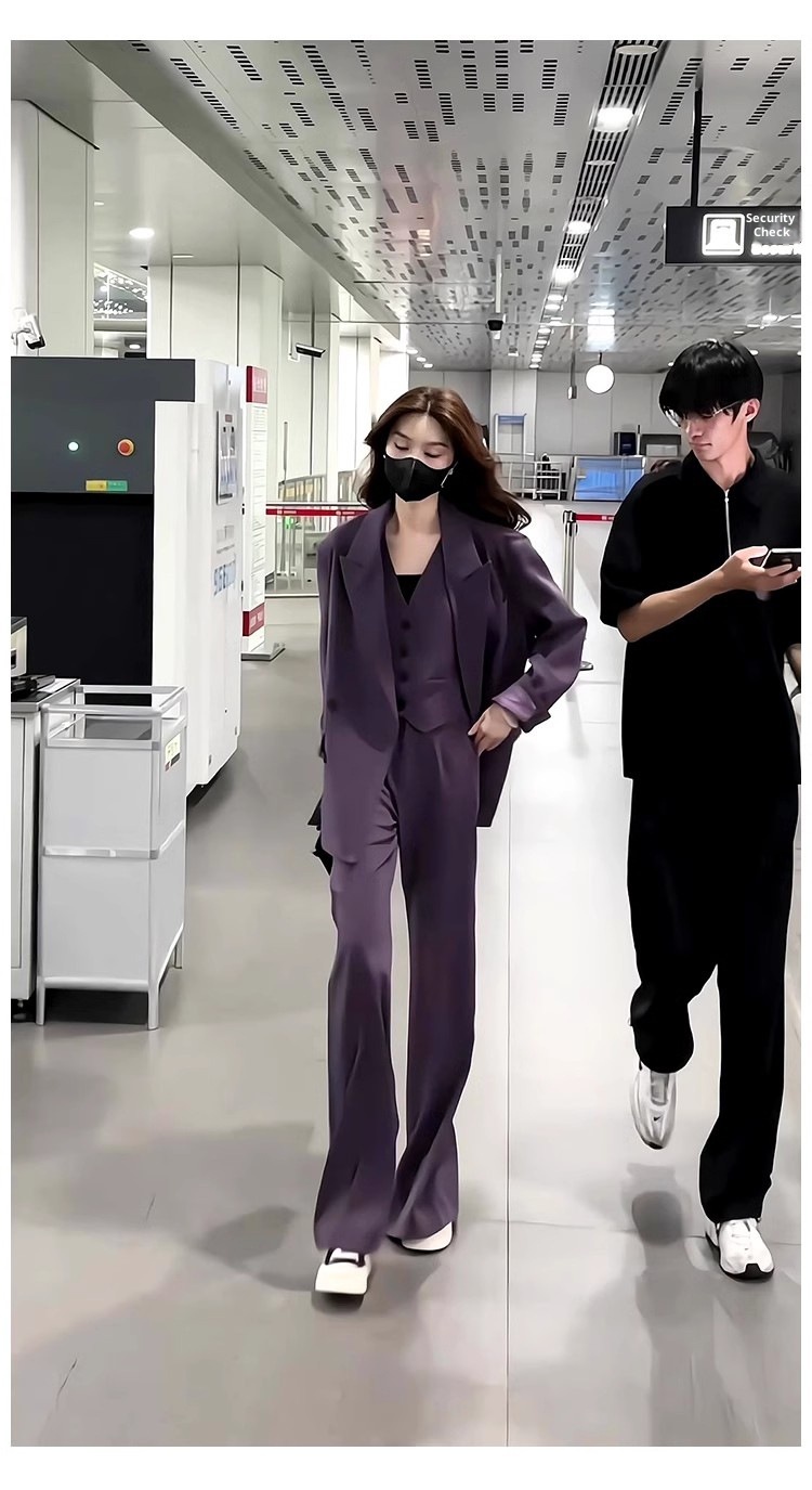 ragazza Ragazza In Stock#2025 Autunno Nuovo Abito Viola Uva Per Donna Giacca Blazer Oversize Pantaloni Svasati Set Tre Pezzi_voghion.com