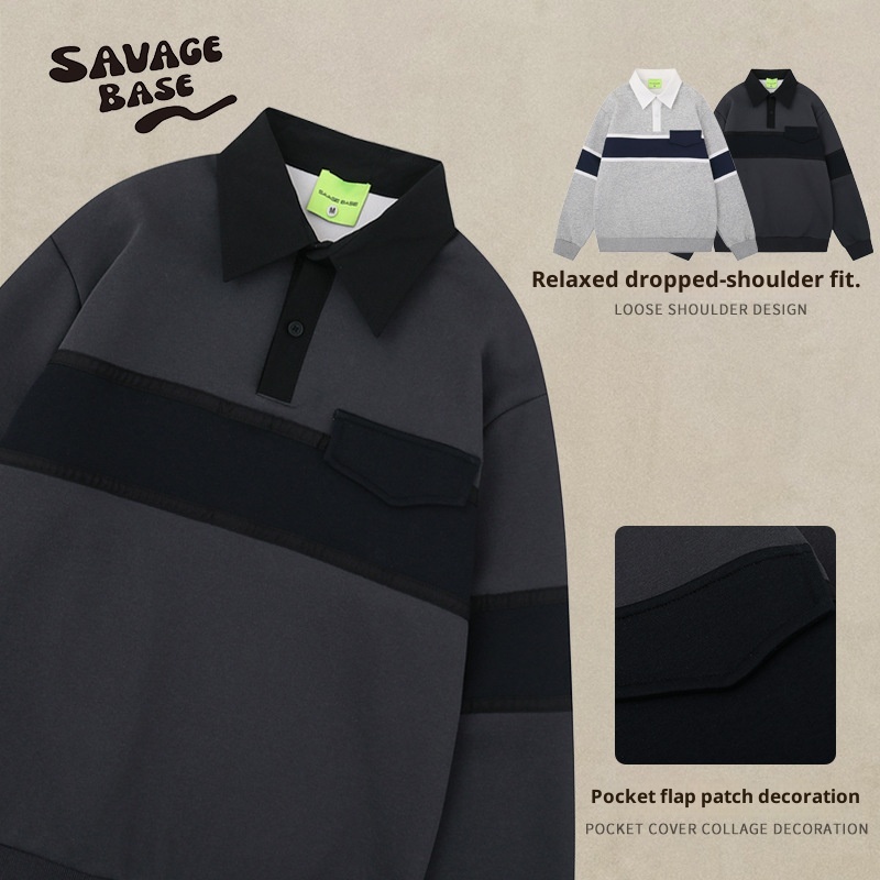 Sweat-shirt Boy Wild Base style rétro japonais, patchwork color block, col rabattu, manches longues, coupe ample, automne-hiver, style décontracté._voghion.com