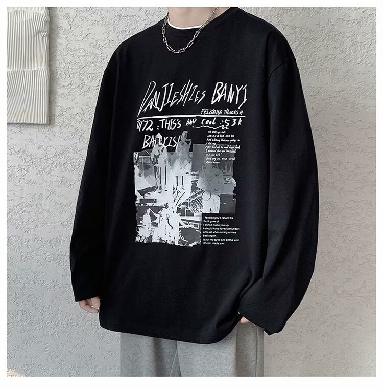 QFV507045555501<2 Maglietta a maniche lunghe da uomo European Street, maglietta interna retrò americana, base larga pesante primaverile e autunnale_voghion.com