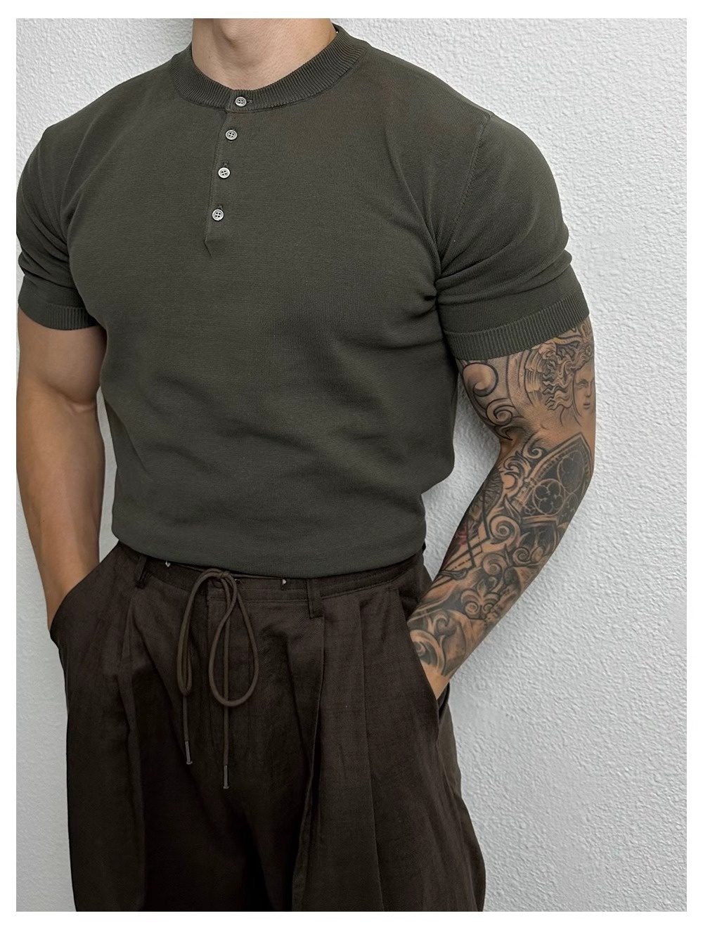 QFV507045555501<2 Henry Collar Short Sleeve Knitted Shirt For Men Summer Ice Silk Breathable Slim Fit Muscle-Showing Business European And_voghion.com