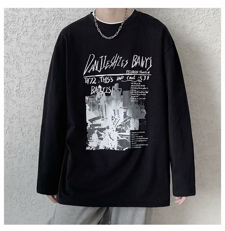 QFV507045555501<2 Maglietta a maniche lunghe da uomo European Street, maglietta interna retrò americana, base larga pesante primaverile e autunnale_voghion.com