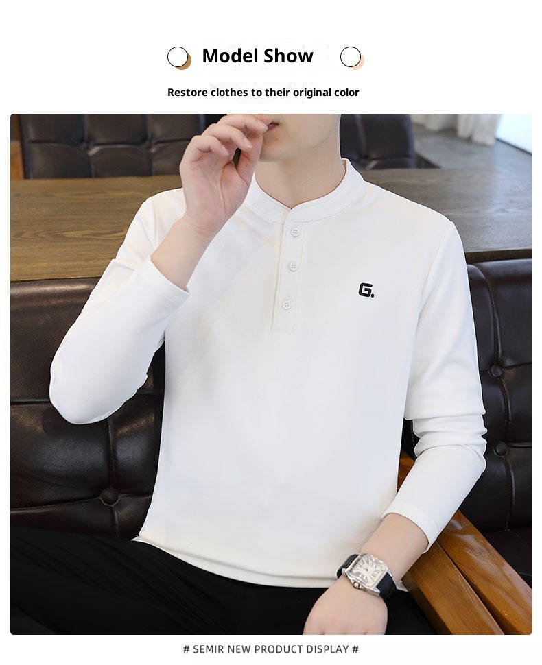 QFV507045555501<2 Data Style Maglietta a maniche lunghe da uomo con colletto cubano, tre bottoni e perline, autunno 2024, nuovo strato di base_voghion.com