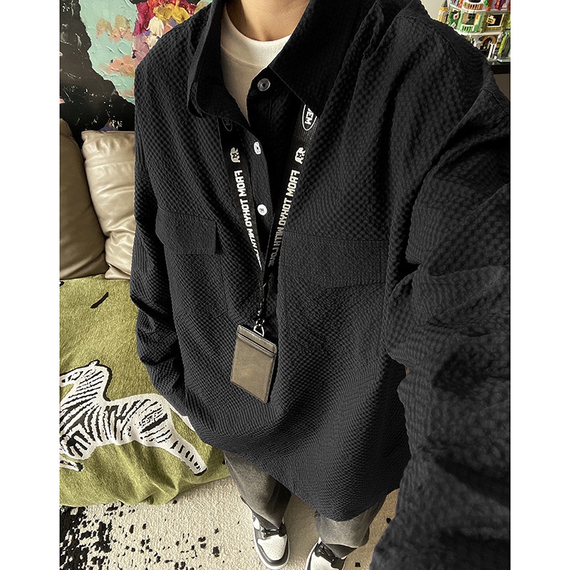 Koszulka polo z długim rękawem w kolorze granatowym z gazy bąbelkowej dla mężczyzn, wysokiej jakości, stylowa i wygodna, robocza_voghion.com