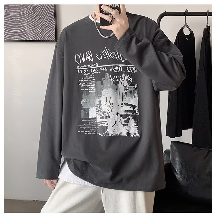 QFV507045555501<2 Maglietta a maniche lunghe da uomo European Street, maglietta interna retrò americana, base larga pesante primaverile e autunnale_voghion.com