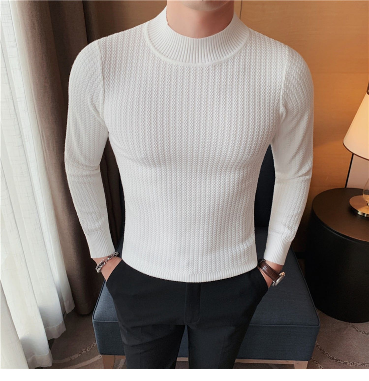 boy Boy Boy Half Turtleneck Sweater Autumn Winter 2023 New Hot High-end Mid-neck Knitted Base Shirt Men's Style_voghion.com