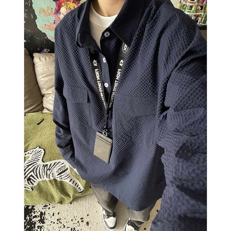 Koszulka polo z długim rękawem w kolorze granatowym z gazy bąbelkowej dla mężczyzn, wysokiej jakości, stylowa i wygodna, robocza_voghion.com