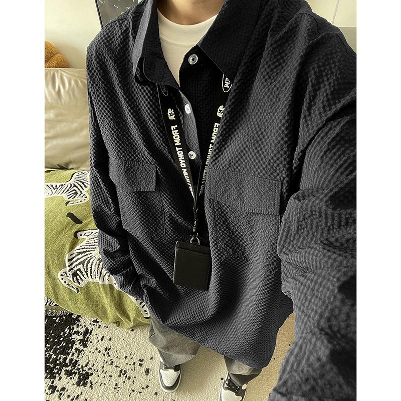 Koszulka polo z długim rękawem w kolorze granatowym z gazy bąbelkowej dla mężczyzn, wysokiej jakości, stylowa i wygodna, robocza_voghion.com