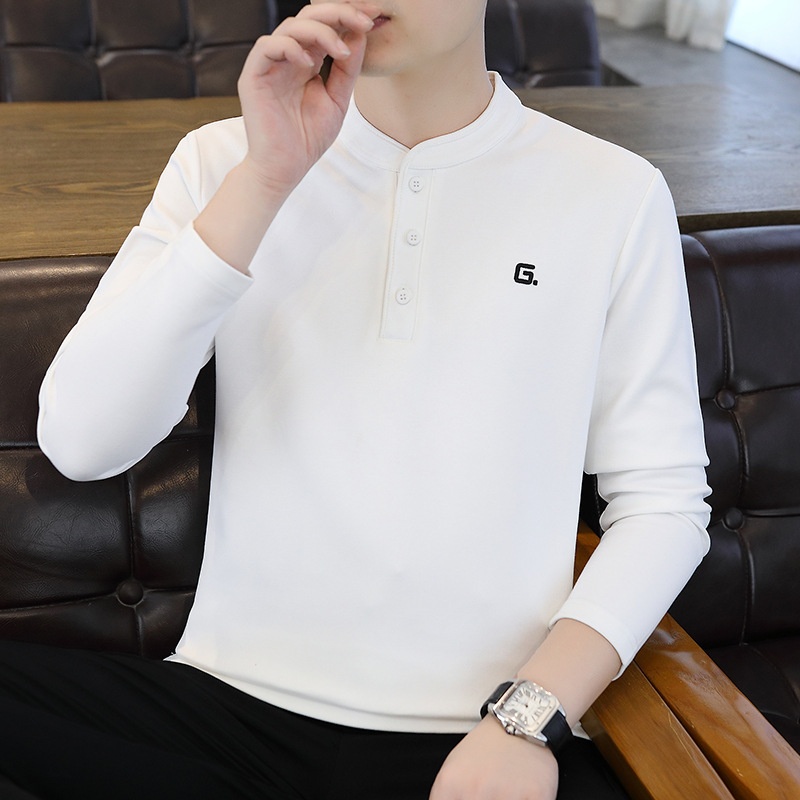 QFV507045555501<2 Data Style Maglietta a maniche lunghe da uomo con colletto cubano, tre bottoni e perline, autunno 2024, nuovo strato di base_voghion.com