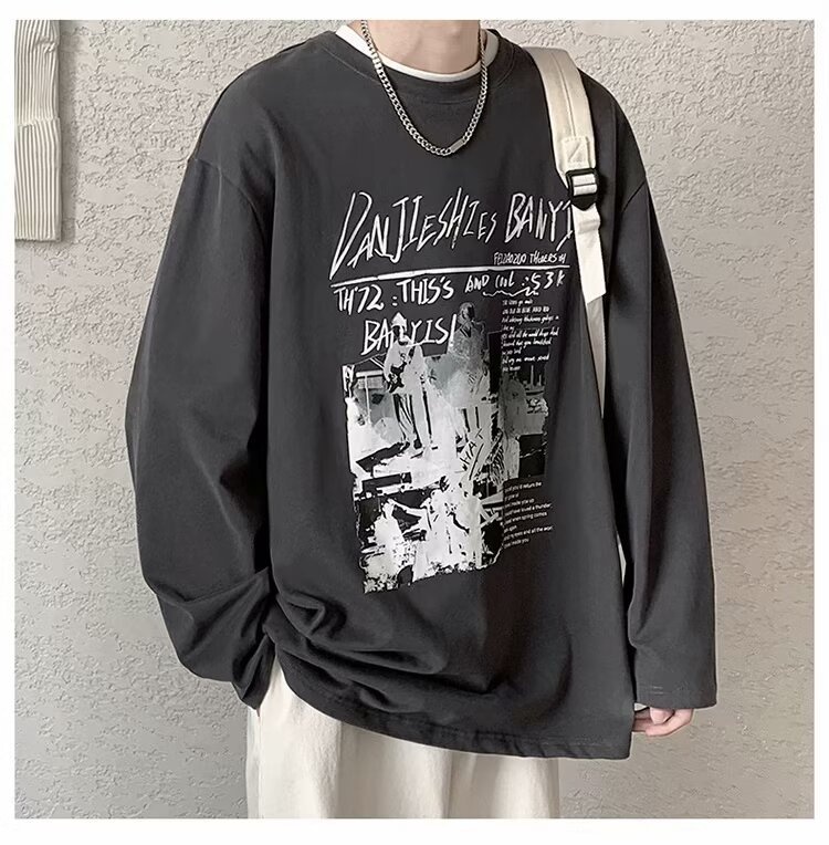 QFV507045555501<2 Maglietta a maniche lunghe da uomo European Street, maglietta interna retrò americana, base larga pesante primaverile e autunnale_voghion.com