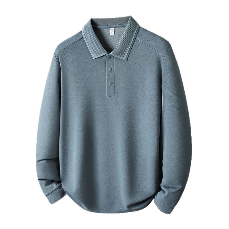 Polohemd für Herren aus Maulbeerseide und Wolle, langärmlig, schlicht, einfarbig, mit Umlegekragen_voghion.com