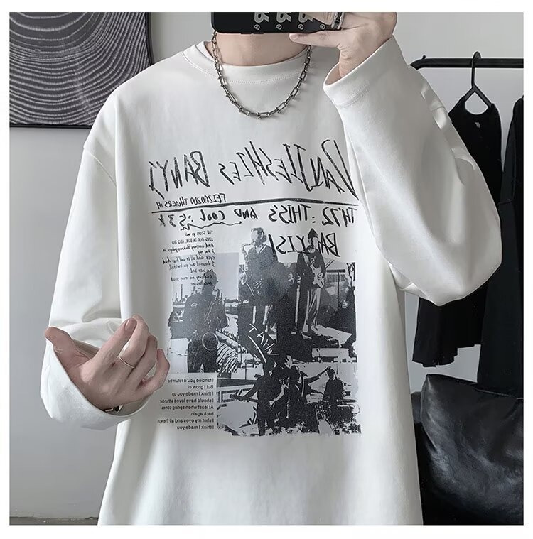 QFV507045555501<2 Maglietta a maniche lunghe da uomo European Street, maglietta interna retrò americana, base larga pesante primaverile e autunnale_voghion.com