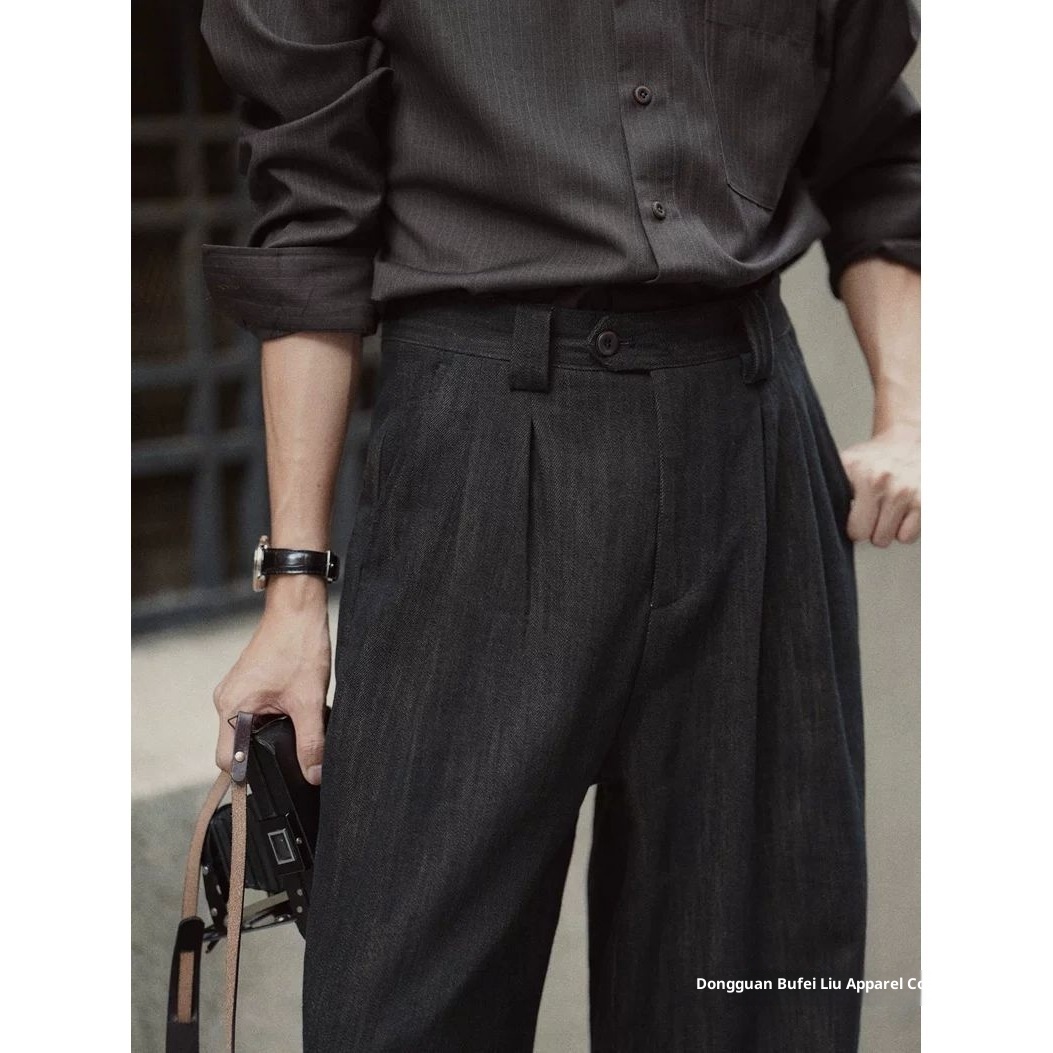 boy Boy Autumn Winter Vintage Jeans Straight Long Black Tea Color Simple Commuting Business Casual Pants Men's In Stock_voghion.com