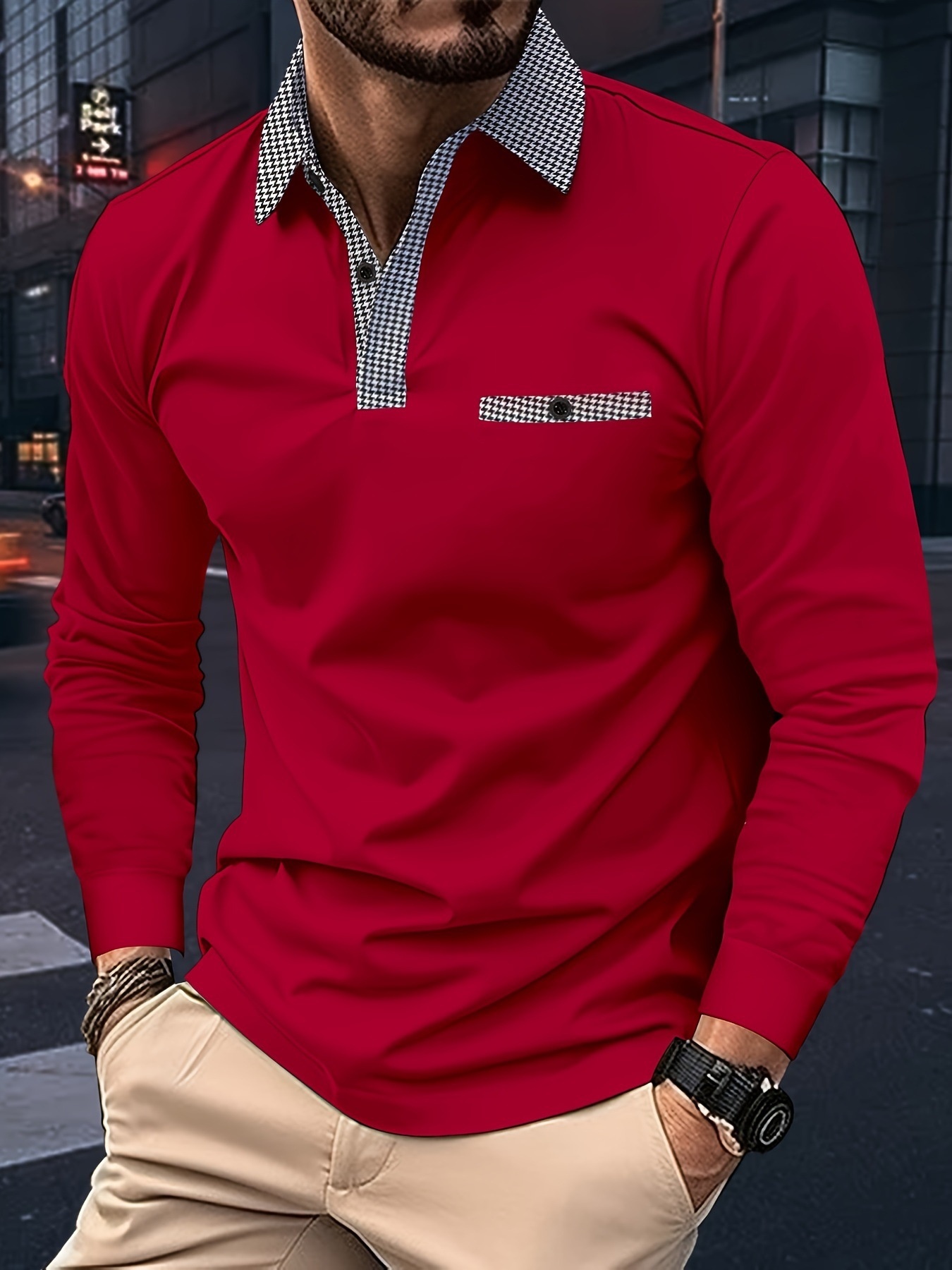 boy Boy Houndstooth Casual Golf Polo Shirt European And American Men's Summer Thin Solid Color Long Sleeve_voghion.com