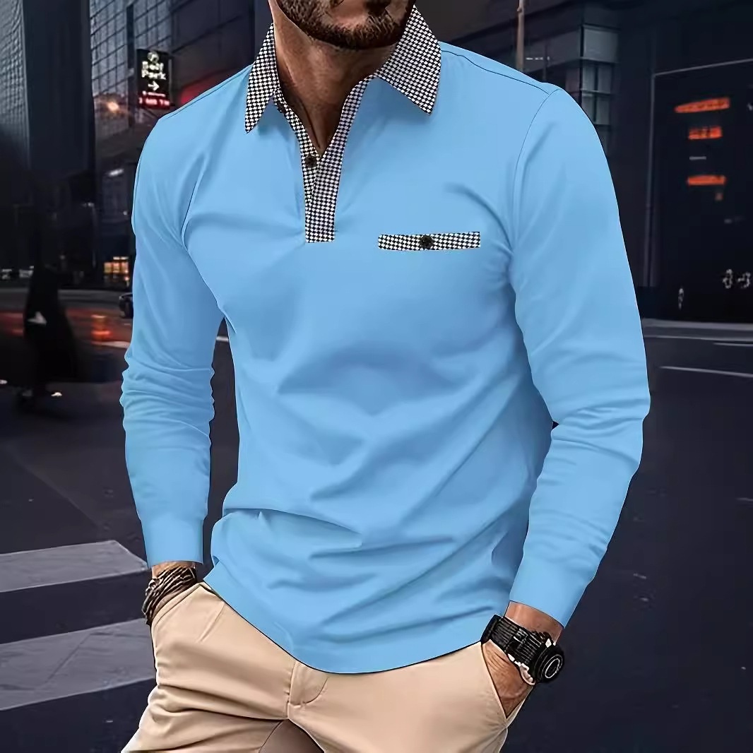 boy Boy Houndstooth Casual Golf Polo Shirt European And American Men's Summer Thin Solid Color Long Sleeve_voghion.com