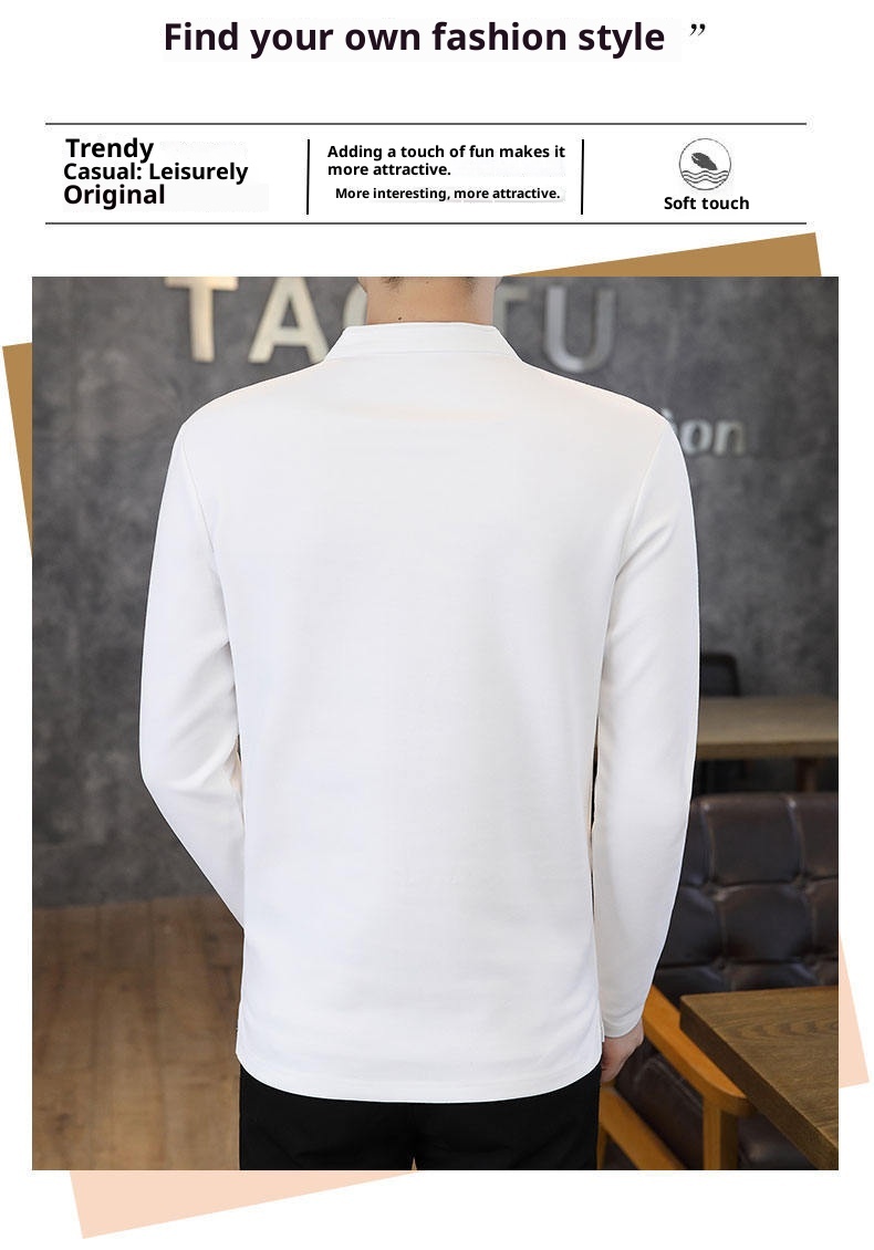 QFV507045555501<2 Data Style Maglietta a maniche lunghe da uomo con colletto cubano, tre bottoni e perline, autunno 2024, nuovo strato di base_voghion.com