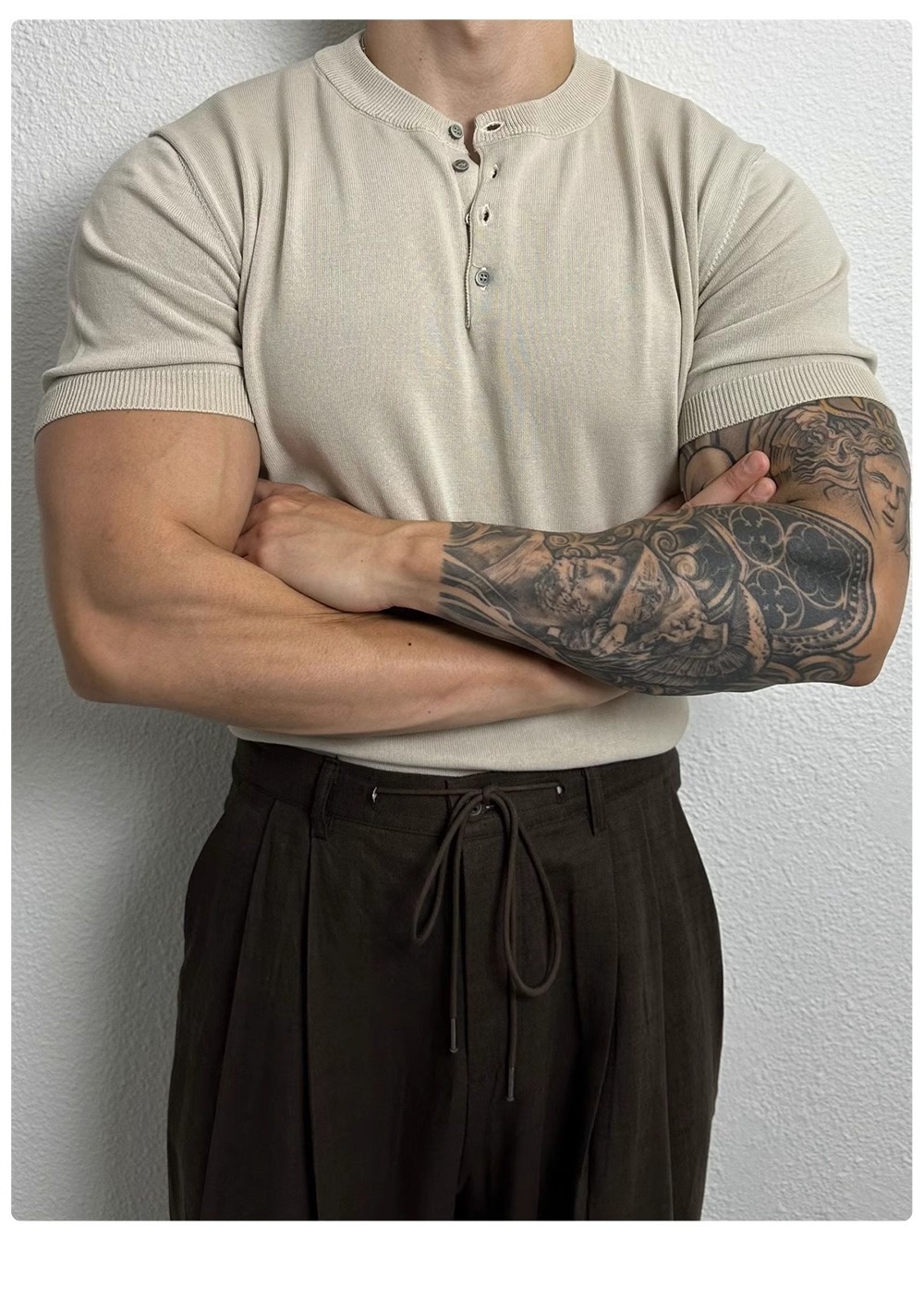 QFV507045555501<2 Henry Collar Short Sleeve Knitted Shirt For Men Summer Ice Silk Breathable Slim Fit Muscle-Showing Business European And_voghion.com